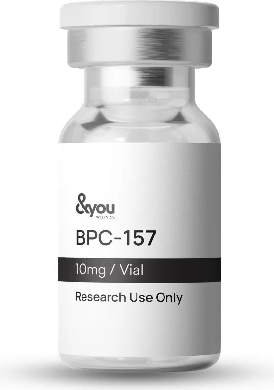 A vial of BPC-157 research peptide, labelled for research use only