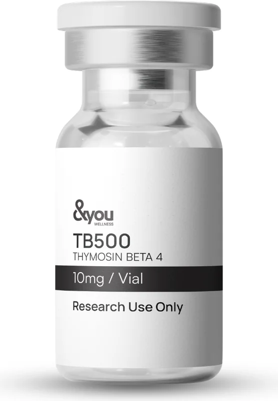 A vial of TB-500 research peptide, labelled for research use only